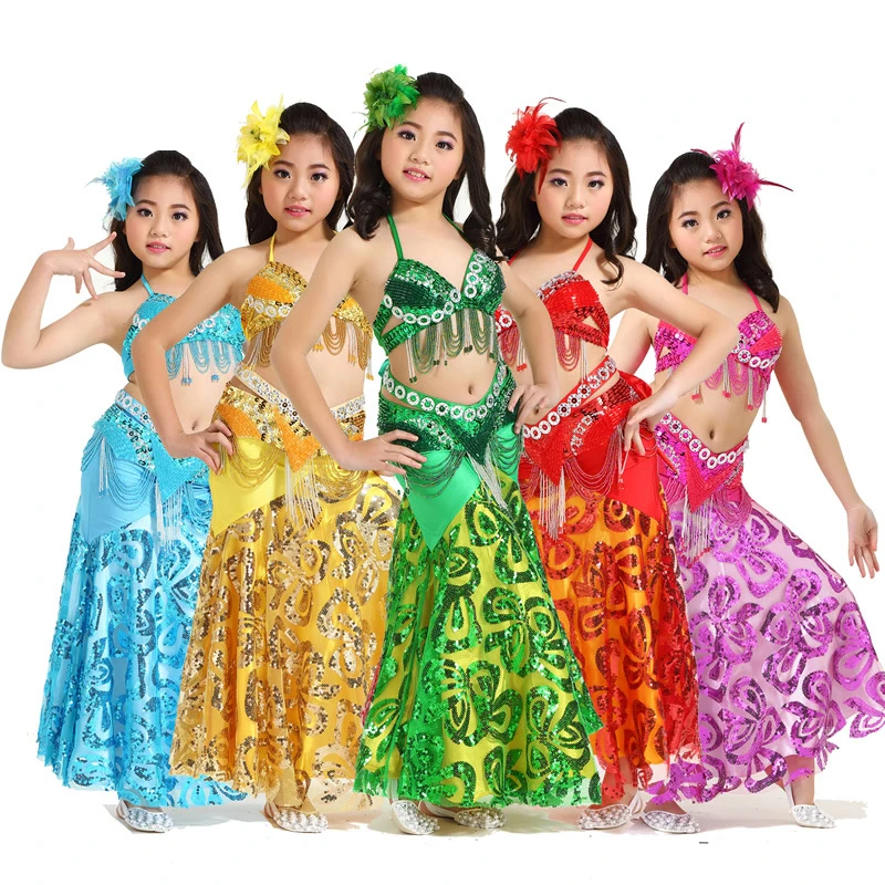 

Stage Performance Children Dance Wear Sequins Beaded Outfits Belly Dance Costume 3 Pieces Tassel Hip Scarf Long Skirt #828