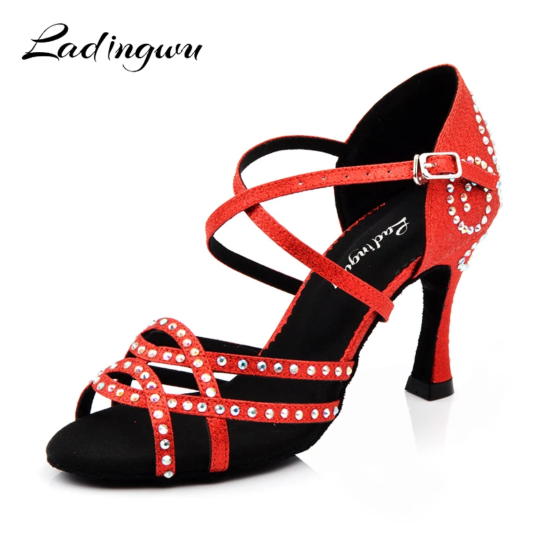 Ladingwu zapatos baile mujer latino Red Shoes Woman Latin Dance Shoes Glitter Rhinestone Salsa Ballroom Dance Shoes Heels 9cm