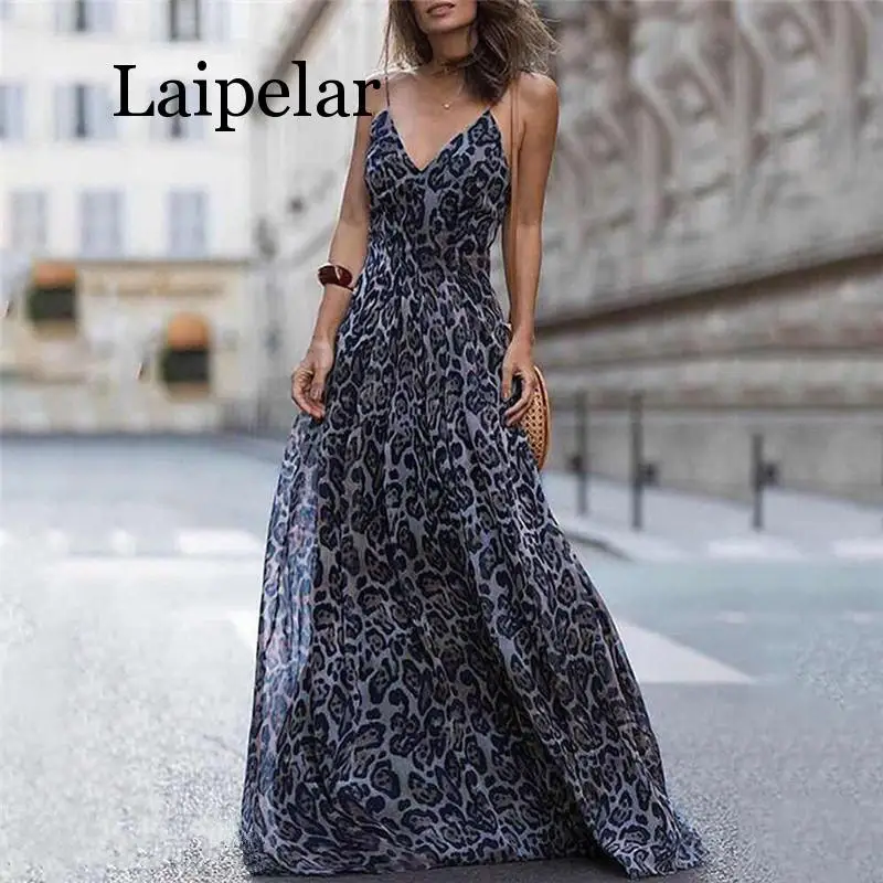 

Ladies Maxi Dresses Leopard Print V Neck Sleeveless Long Dresses For Women Elegant Sundress Evening Party Dress Sexy Women Dress