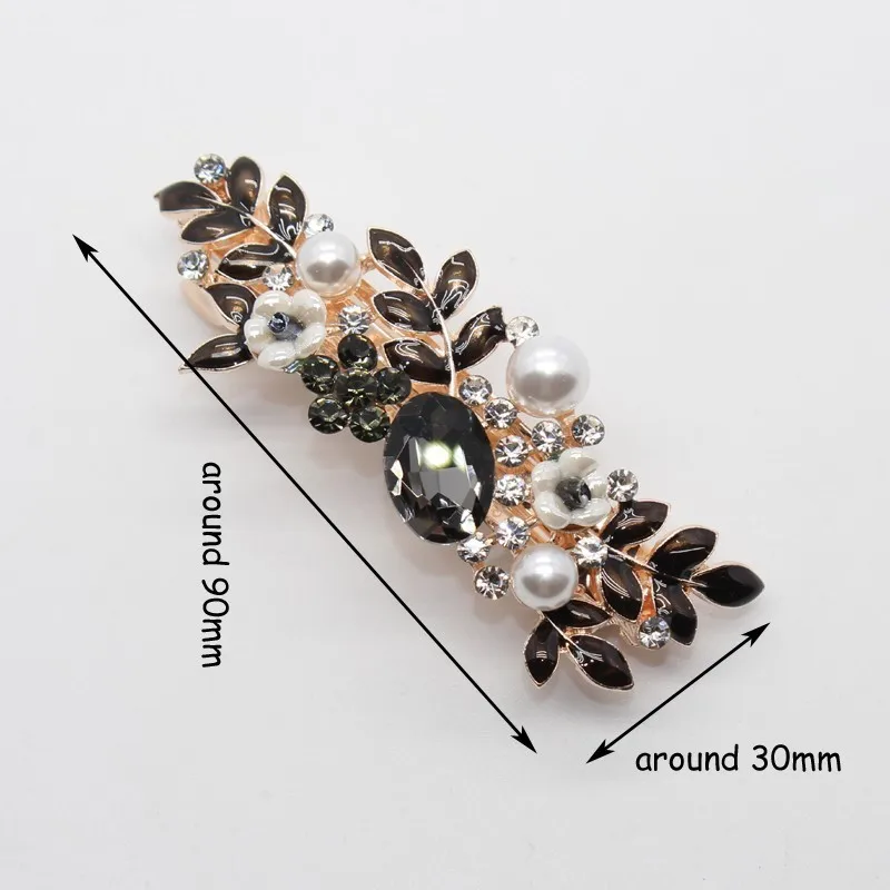 Elegant Purple Black Crystal Leaf Flower Hair Barrette Luxury Pearl Rhinestone Clip For Women Girls Hair Jewelry