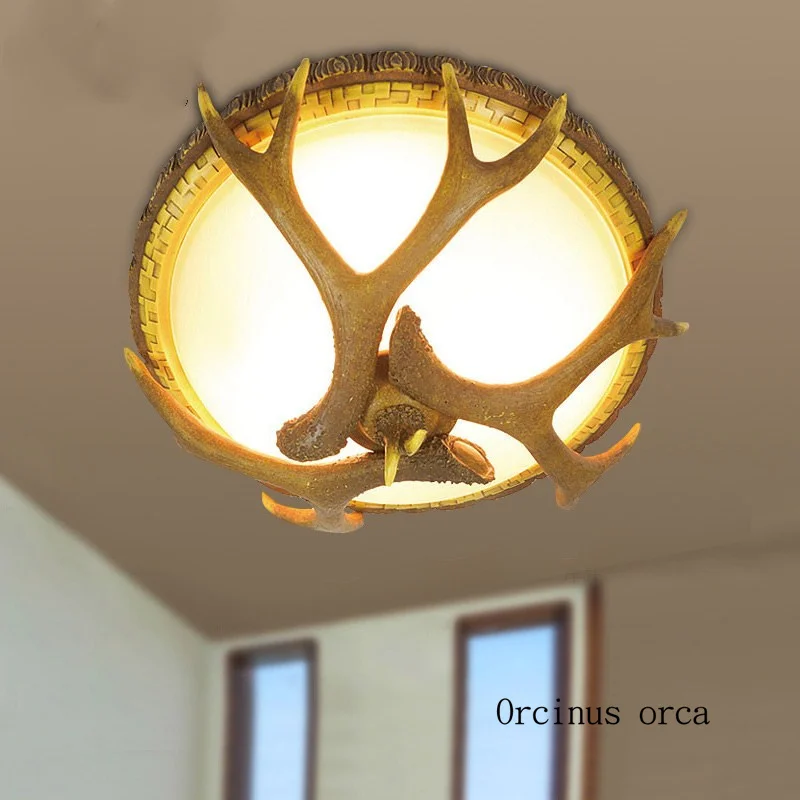 

American countryside creative deer antler ceiling lamp living room corridor bedroom light Nordic retro resin LED ceiling lamp