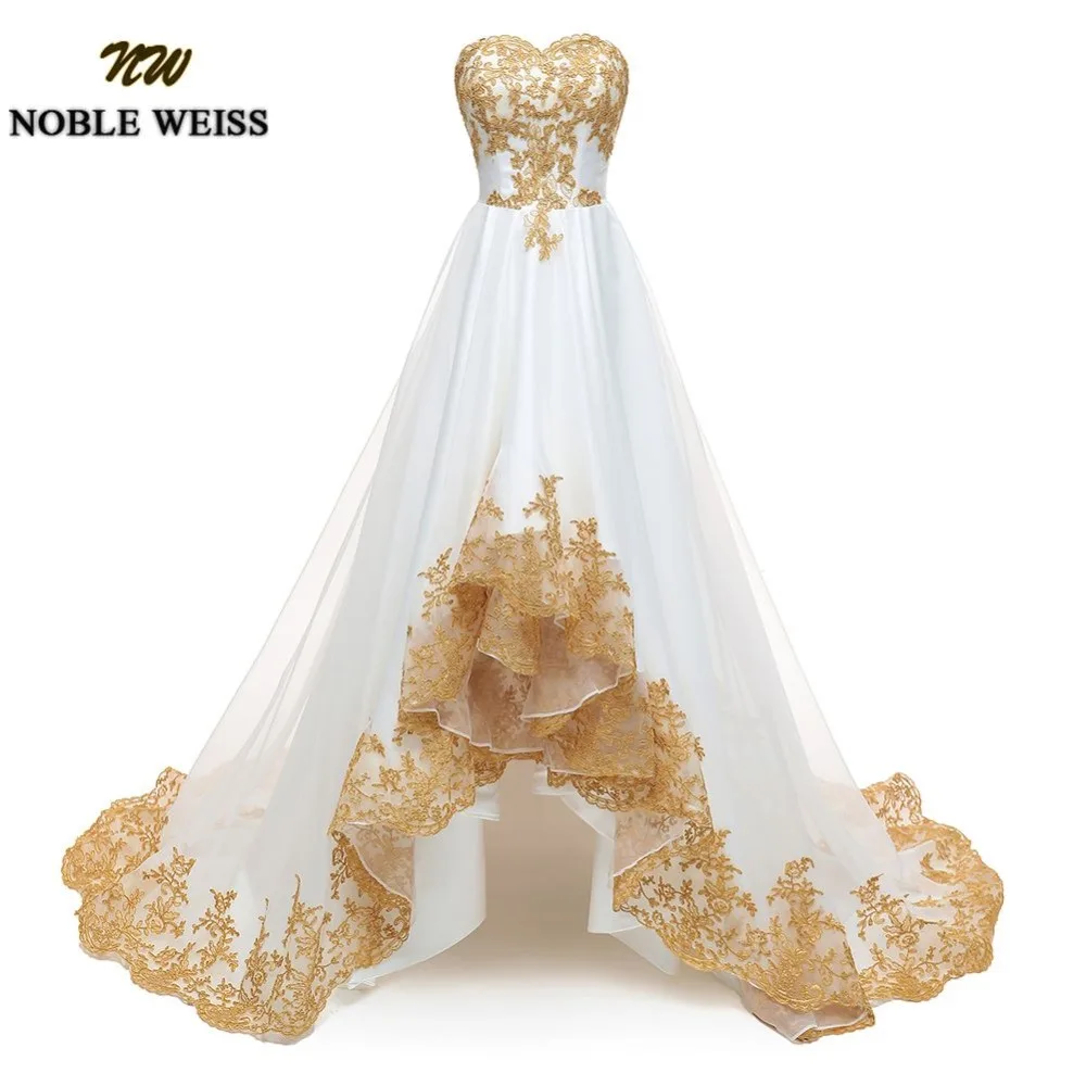 

NOBLE WEISS Gold Appliques Evening Dress Strapless High Low Prom Dresses Organza Prom Gown Custom Made