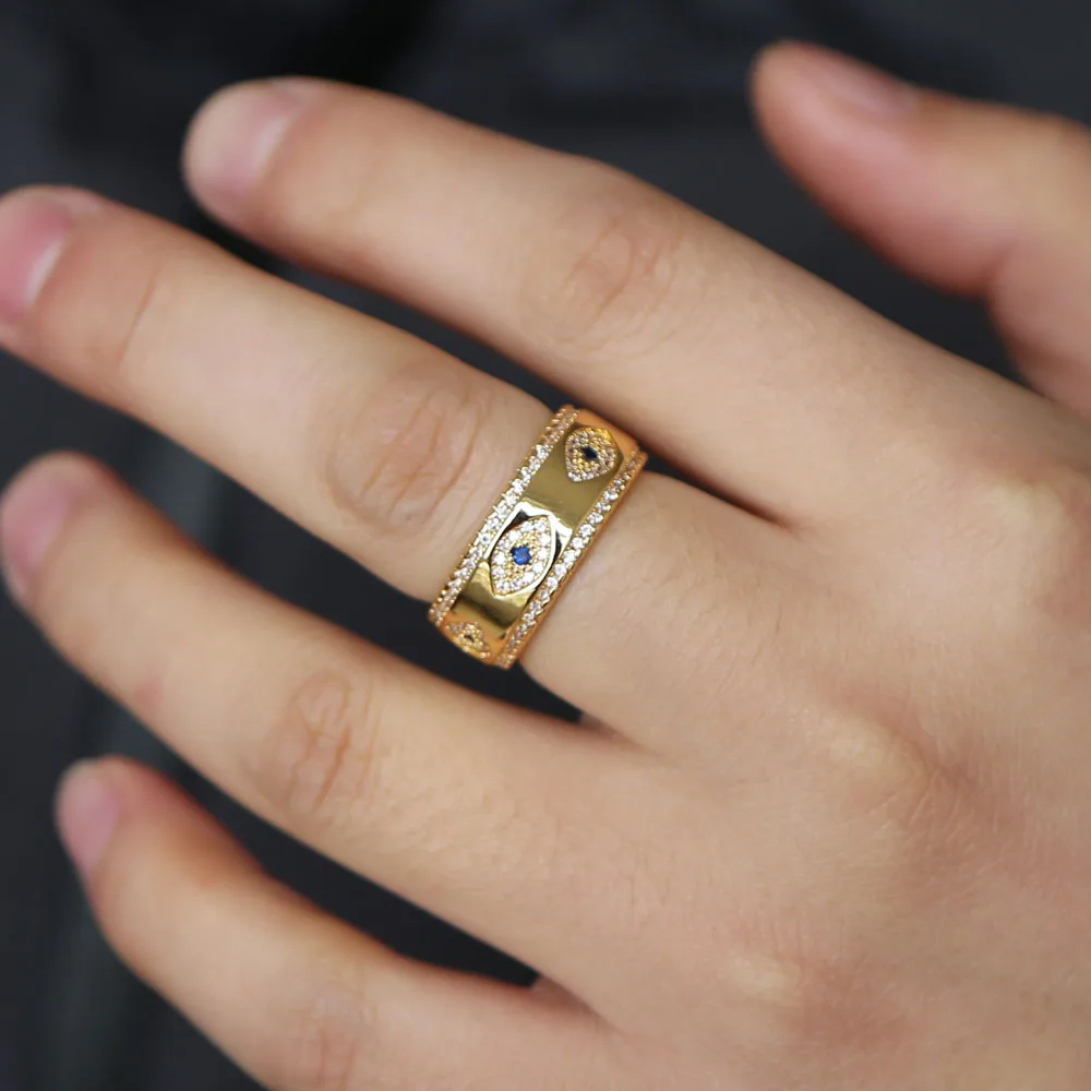 engraved cz evil eye gold Color wide engagement band rings for lady women party gift finger jewelry classic antique ring