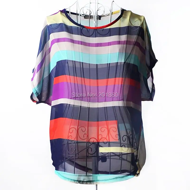 Colorful Stripe Women Chiffon Blouses Batwing Sleeve Tops Plus Size Summer Style 2019 New