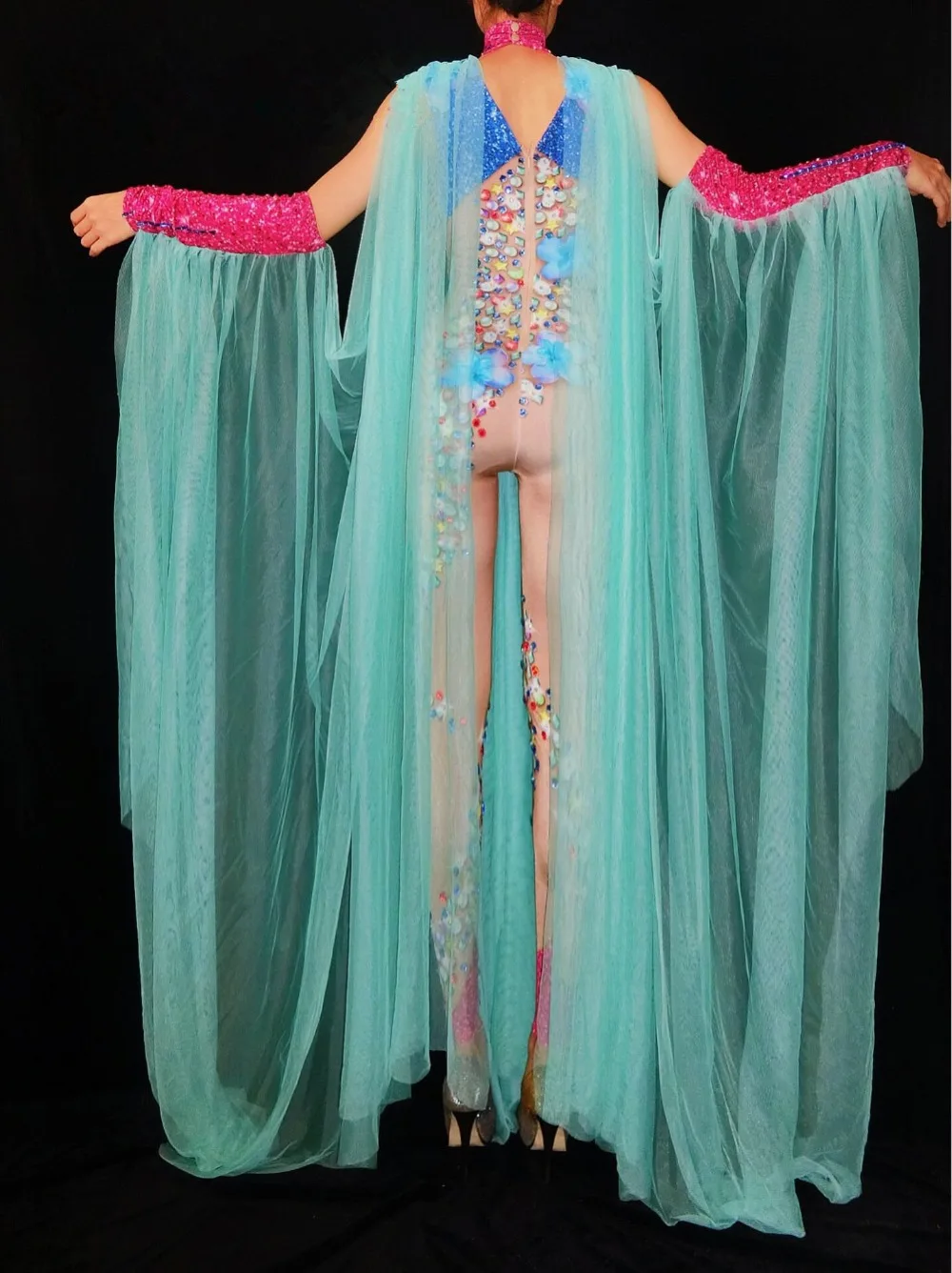 ドラッグクイーンコスチューム リーディングダンス セクシー ステージウェア シャイニー クリスタル ガーゼスリーブ ジャンプスーツ パフォーマンス パーティー レイブ衣装