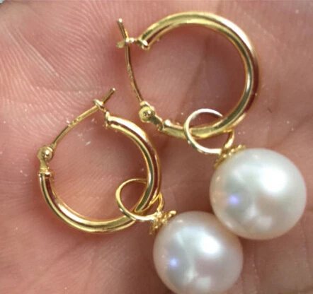 

hot sell new - charming pair of 10-11mm natural round south sea white pearl dangle earring14k