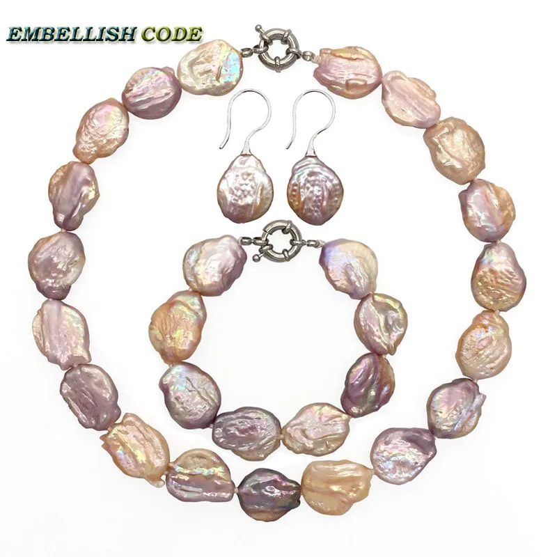 

special Rainbow baroque pearls choker statement necklace bracelet bangle hook earrings set peach colorful round coin flat shape