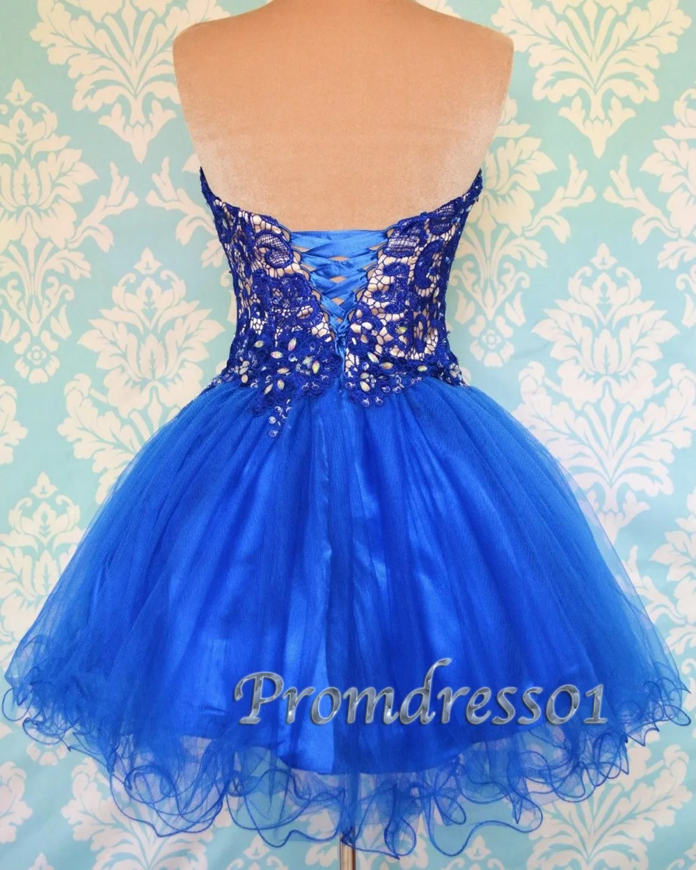 2016Homecoming Jurk Blauw Kant Mouwloze Sweetheart Mini Prom Party Cocktail Graduation Dress