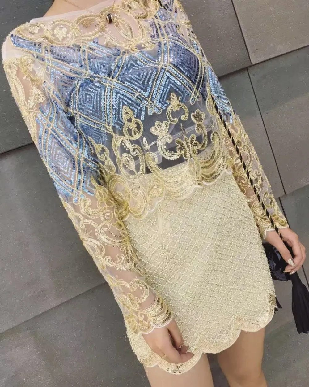 Luxury Party Clothes Women Handwork Short Blouse New Long Sleeve Golden Sequined Shiny Blouses Beading Woman Clothing NS538