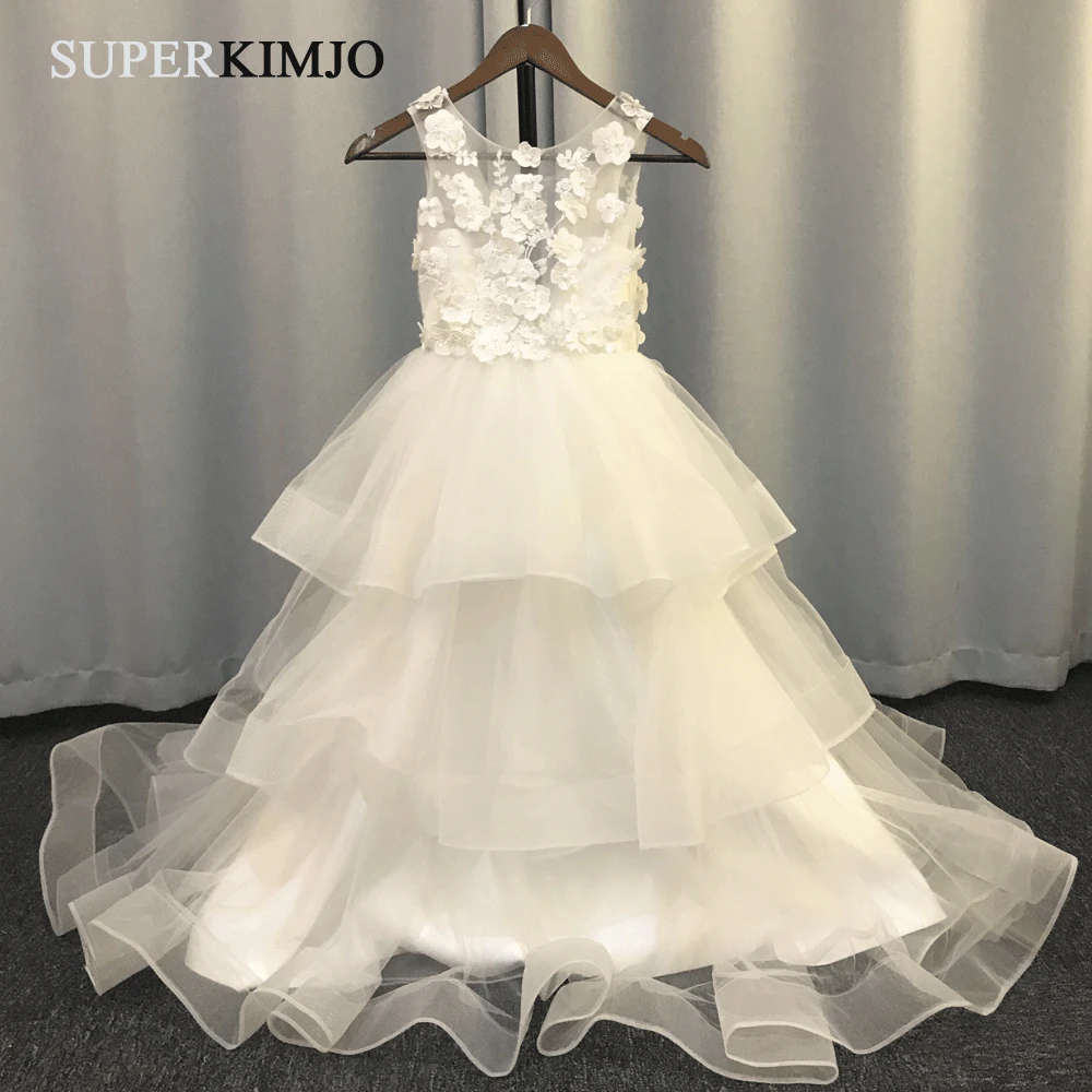 Baljurk bloem meisjes jurken 2019 echte foto tiered ruffle kant applicaties floor lengte lange meisjes wedding party dress