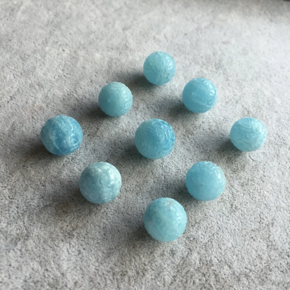 one pcs Aquamarine round carved 10/12/14/16MM for DIY jewelry making  loose beads FPPJ wholesale  nature gem stone