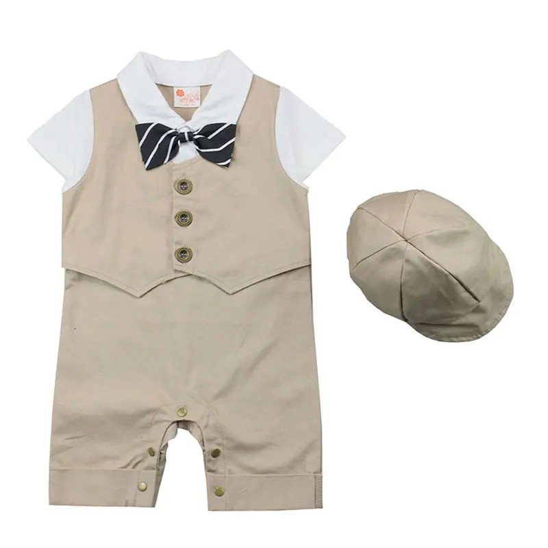 Kits for Newborns Baby Boy Rompers Formal Gentleman Clothing Wedding And Party Clothes Suits Short Sleeve Sets+Hat Boys Jumpsuit