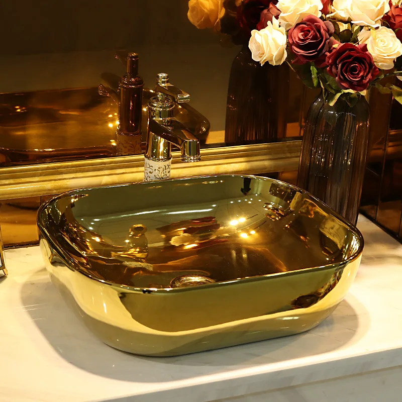 

Glazed gold oval Europe Vintage Style Ceramic wash basin Countertop Bathroom Sink