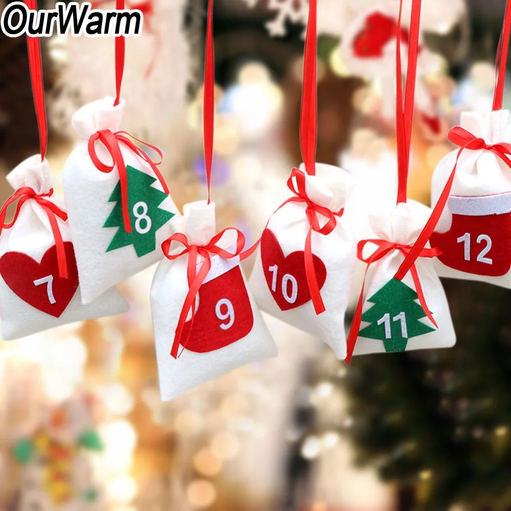 OurWarm Fabric Christmas Advent Calendar Garland 24pcs 11x16cm Hanging Advent Calendar Gift Bags New Year 2019 Family Calendar