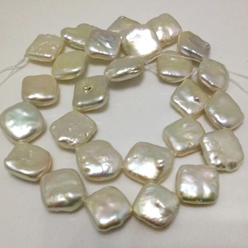 16 inches 14-15mm White Diagonally Drilled Flat Square Natural Pearls Loose Strand