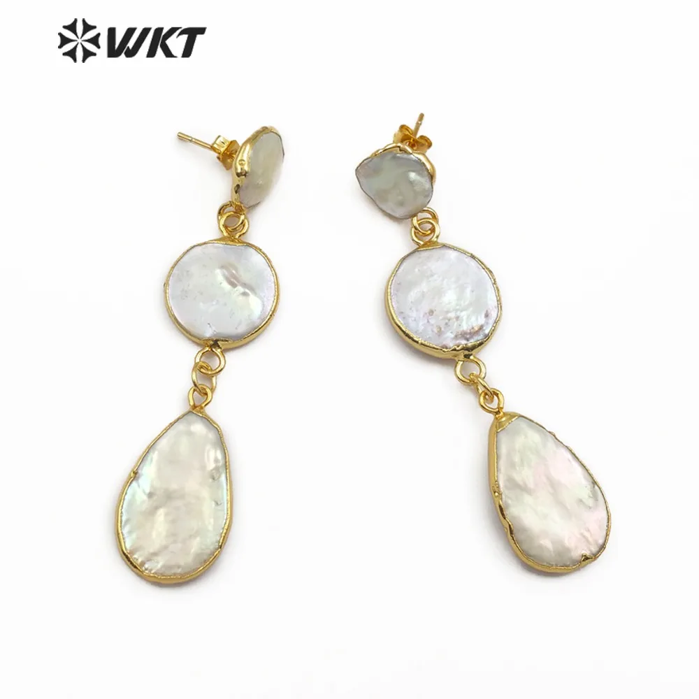 WT-E491 Natural Freshwater Pearl Jewelry Three Pearls In Round Teardrop Shape Gold Earring Wedding Pearl Earring Gift For Her