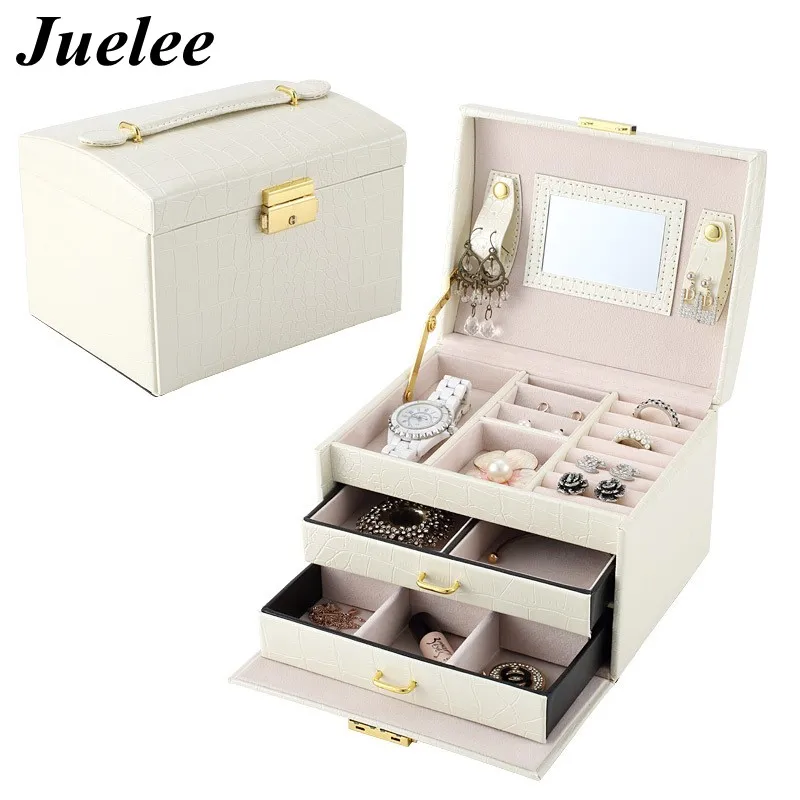 

Juelee High Quality Crocodile Pattern PU Leather Jewelry Boxes Three Double Drawer Jewelry Display Gift Box