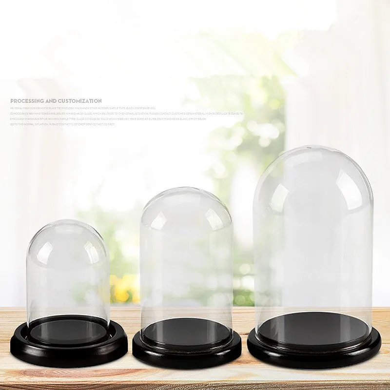 Free Shipping Diameter=9cm Height=12cm 15cm 18cm Black Base Glass Dome Vase Home Decoration Transparent Cake Cover Wedding Gift