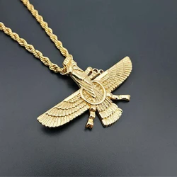 New Men Hip hop Iran Faravahar Ahura Mazda Zoroastrian Pendant Necklace Gold Color Stainless Steel Men Jewelry