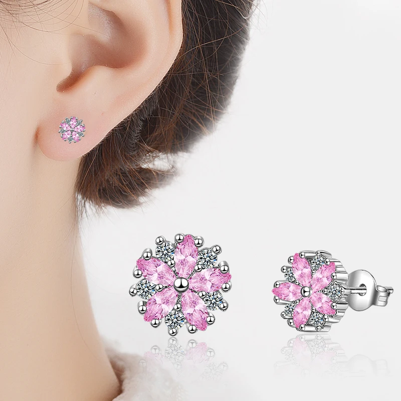 925 silver needle Pink Crystal Zirconia Cherry Blossom Flower Stud Earrings For Women Girl Brincos S-e242