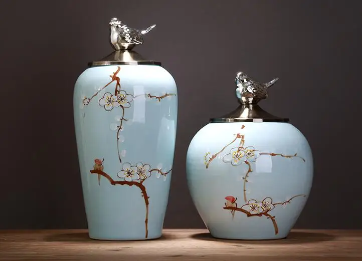 

Ceramic storage tank decoration creative decoration. Plum flower bird printing and silver decoration..036