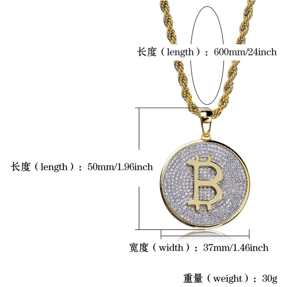 TOPGRILLZ Gold Color Iced Out Round Micro Pave Full Cubic Zircon Big Bitcoin Pendant Necklace Charm For Men Women HipHop Jewelry