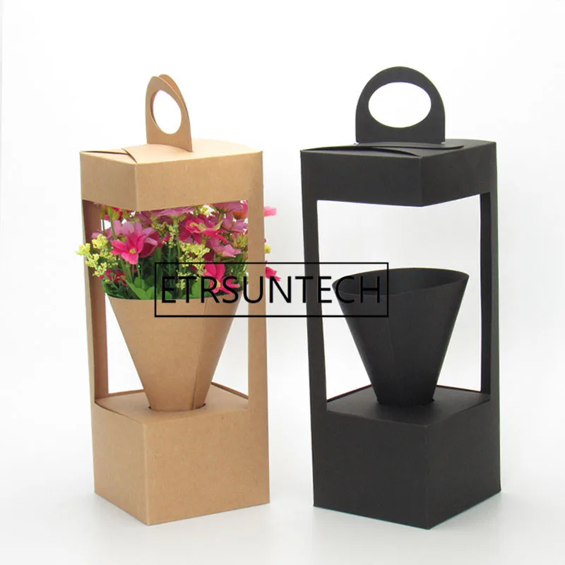 Lighthouse Portable Flower Paper Box Black and Brown Folding Floral Box Packaging Flower Basket Florist Supplies