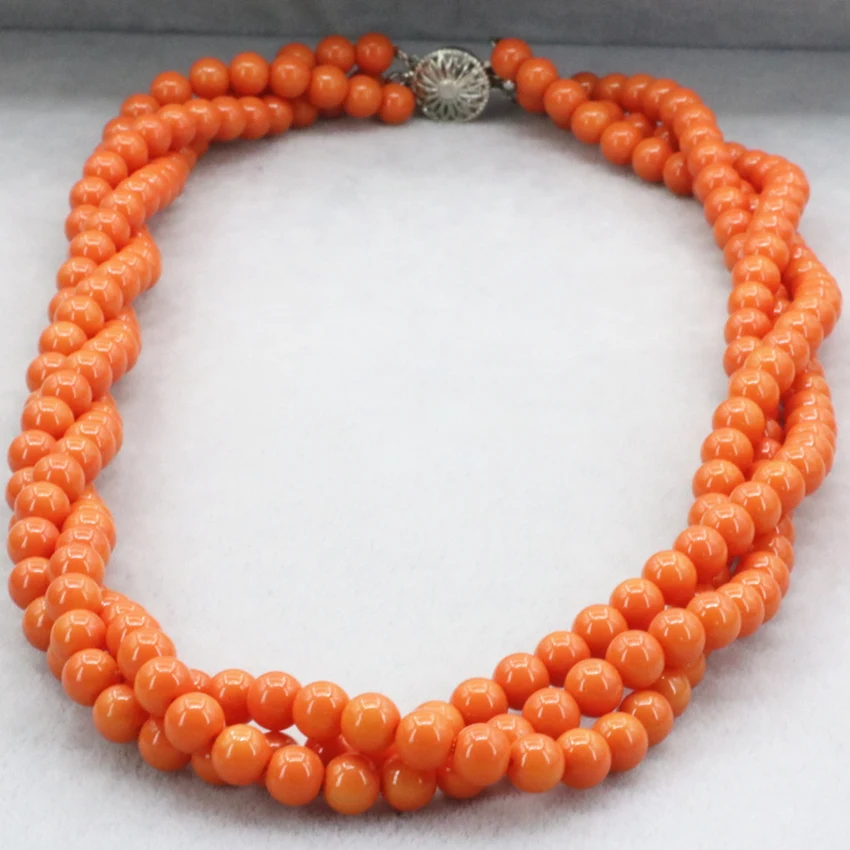 3 rows winding chain necklace for women 6mm orange artificial coral round beads high quality gifts jewelry 18inch B3184