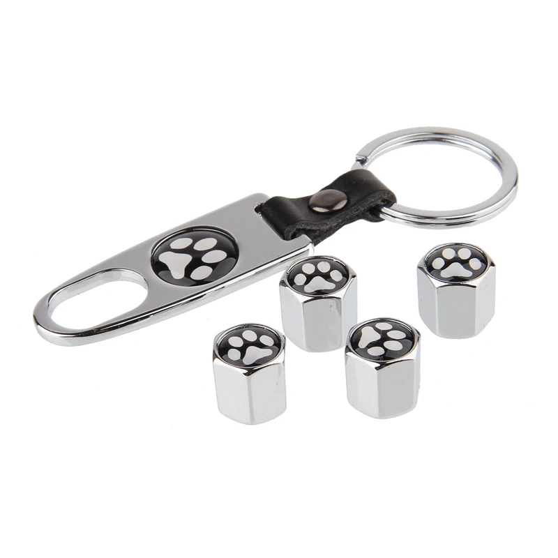 HAUSNN Cute Dog Paw Black/Silver Car Tyre Valve Caps Tire Air Dust Stem Covers With Keychain For Benz BMW VW Mitsubishi Suzuki