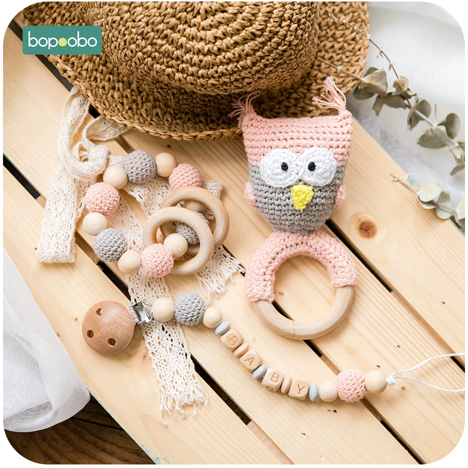 Bopoobo 1pc Baby Teether Silicone Beads Wooden Baby Pacifier Chain Baby Pram Crib DIY Customized Rattle Soother Bracelet Teether