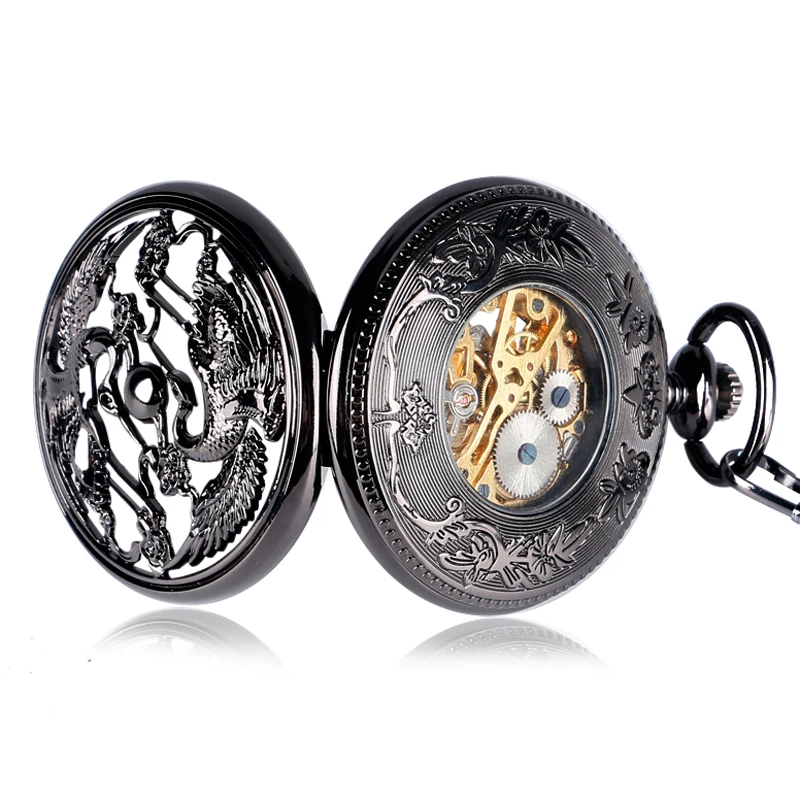 CAIFU Hand-Winding Mechanical นาฬิกาผู้ชายโรมันตัวเลขประณีต Hollow สีดำ Cranes Fob นาฬิกานาฬิกาแฟชั่นของขวัญ Chain