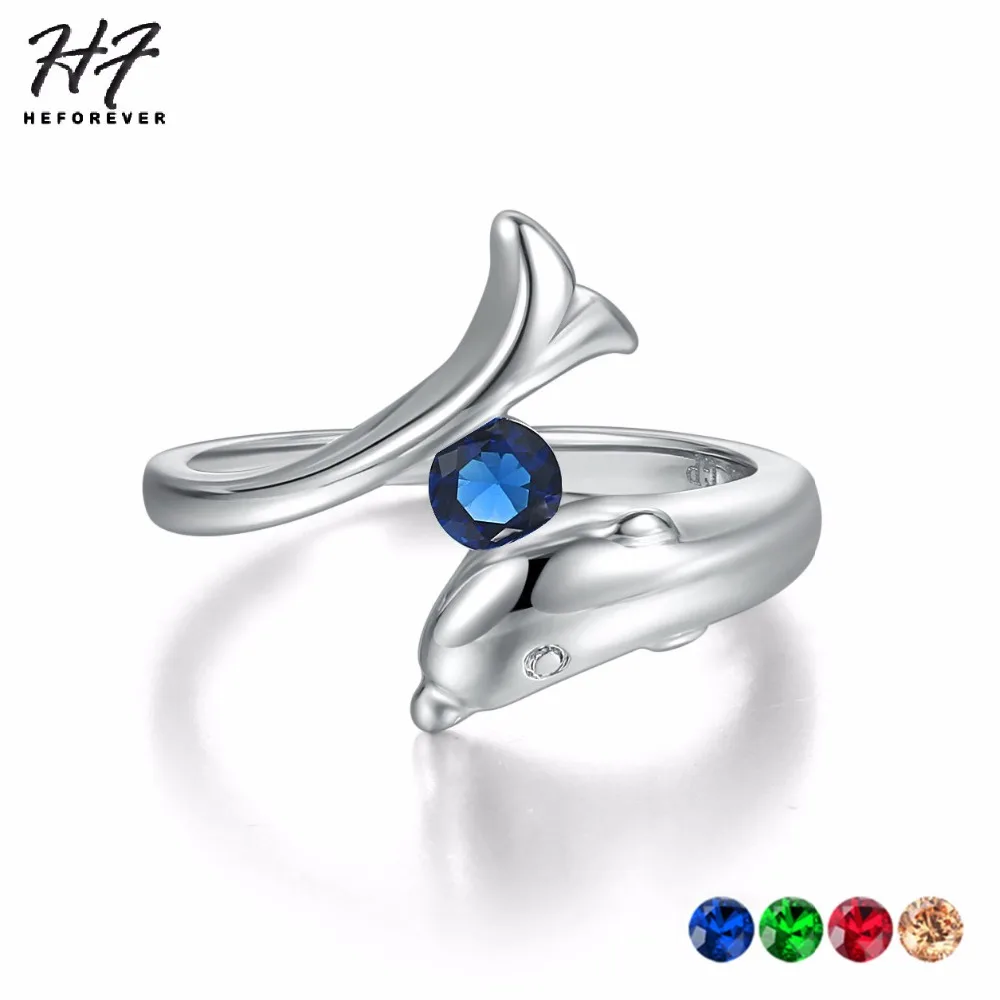 Trendy Birthstone Rings for Women New Design Dolphins Style Silver Plated 9 Colors Wedding Engagement Xmas Fashion Jewelry R788