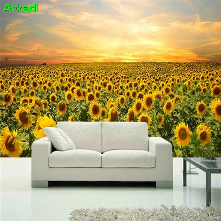 Beautiful idyllic hand-painted sunflower mural cafe restaurant living room romantic background wall home decoration painting