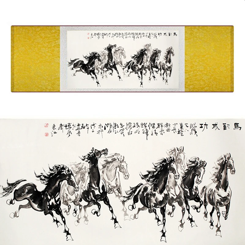 top quality Chinese Horse silk painting  Horse art painting Silk scroll art painting eight horse painting19062712