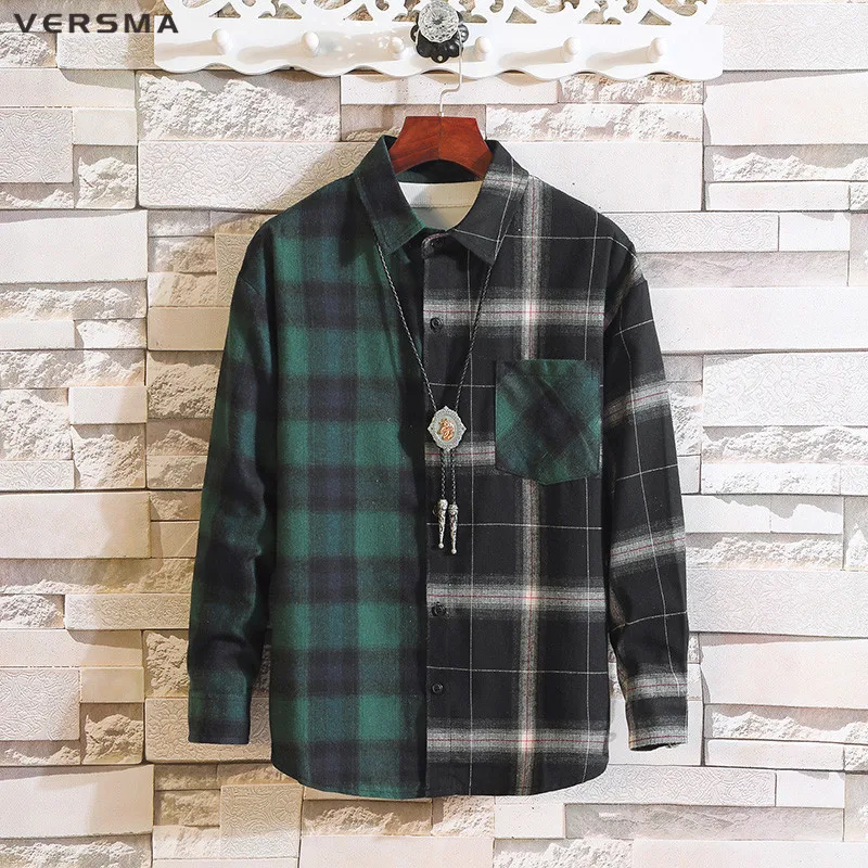 VERSMA Japanese Harajuku Vintage Plaid Patchwork Shirts Men Women Autumn Kpop High Street Hip Hop BF Oversized Couple Shirt Male