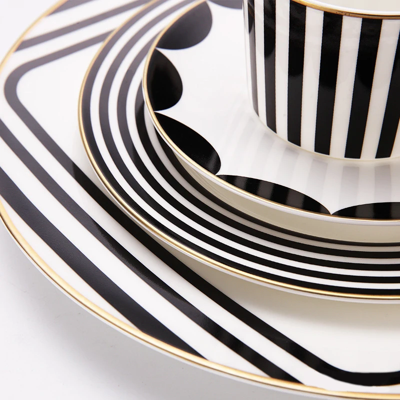 Bone China Tableware Set, Black and White Stripe Design, Flat Steak Plate, Coffee Cup and Dish, Dessert Tray, Golden Drink Ware