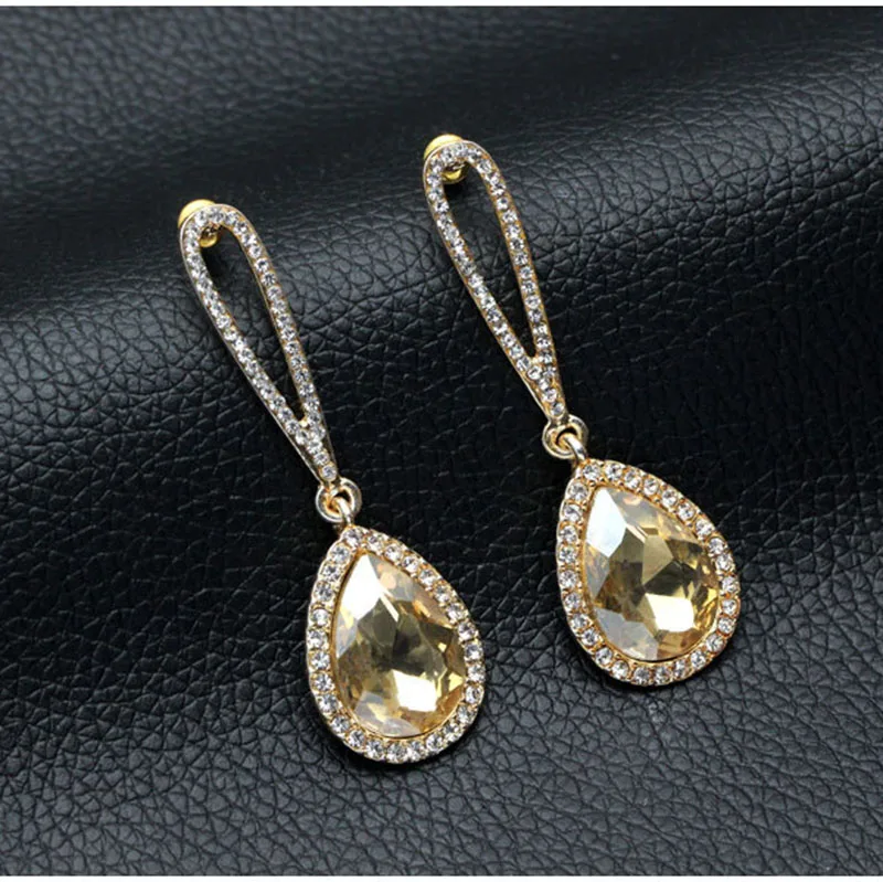 TREAZY Elegant Champagne Crystal Drop Earrings for Women Gold Color Rhinestone Long Dangle Earrings Wedding Party Brincos Femme