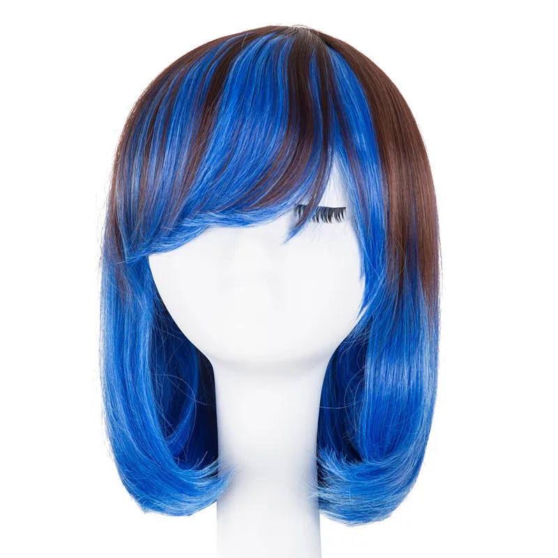 Blue and Brown Wig Fei-Show Synthetic Hair Heat Resistant Inclined Bangs Short Wavy Wigs Women Hairpiece Student Bob Hairsets