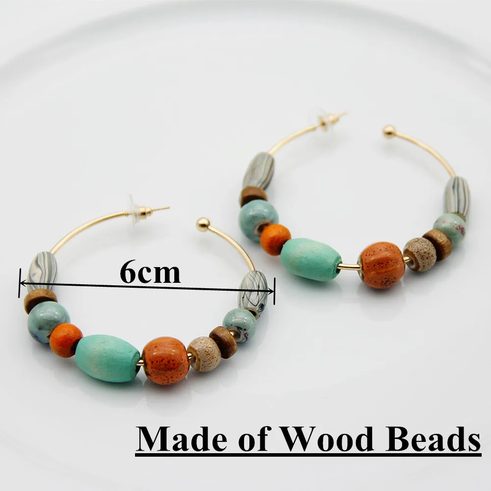 FishSheep 2019 Za Bohemian Colorful Wooden Hoop Earring For Women Vintage Printed Wood Beads Big Circle Hoops Earring For Women