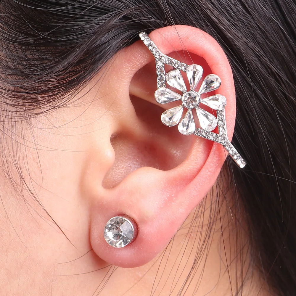 Nieuwe Fashion Elegant Punk Crystal Rhinestone Bloem Oor Manchet Clip Oorbellen Kraakbeen Oor Sieraden Vrouwen Lady Accessoires