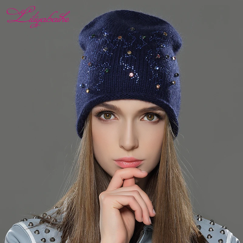 LILIYABAIHE Women Autumn And Winter Hat angora Knitted Skullies Beanies Cap Classic color diamond decoration hats for Girls