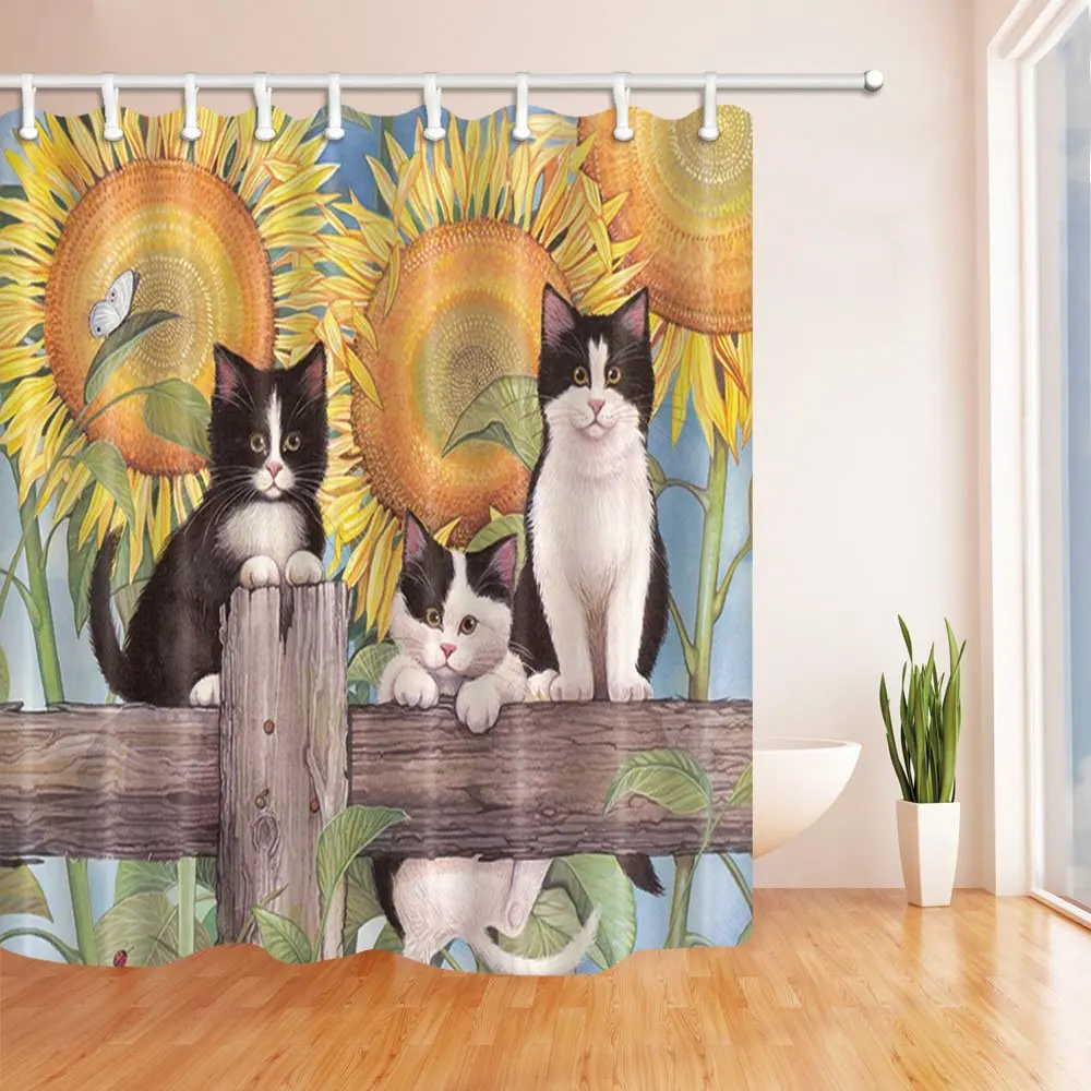 Cute Cat on Wooden in Sunflower Polyester Fabric Shower Curtain Set, Fantastic Decorations Bath Curtain