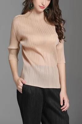 HOT SELLING fashion fold half-sleeved Half high collar  new sexy Thin permeable fabric T-shirt women IN STOCK