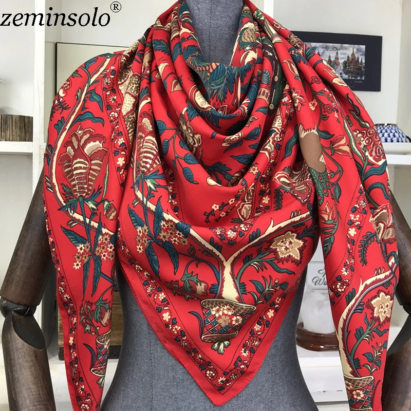 Foulard 100% Soie pour Femmes, Grand Châle, Imprimé Floral, Carré, Bandana, Marque de Luxe, 130x130cm