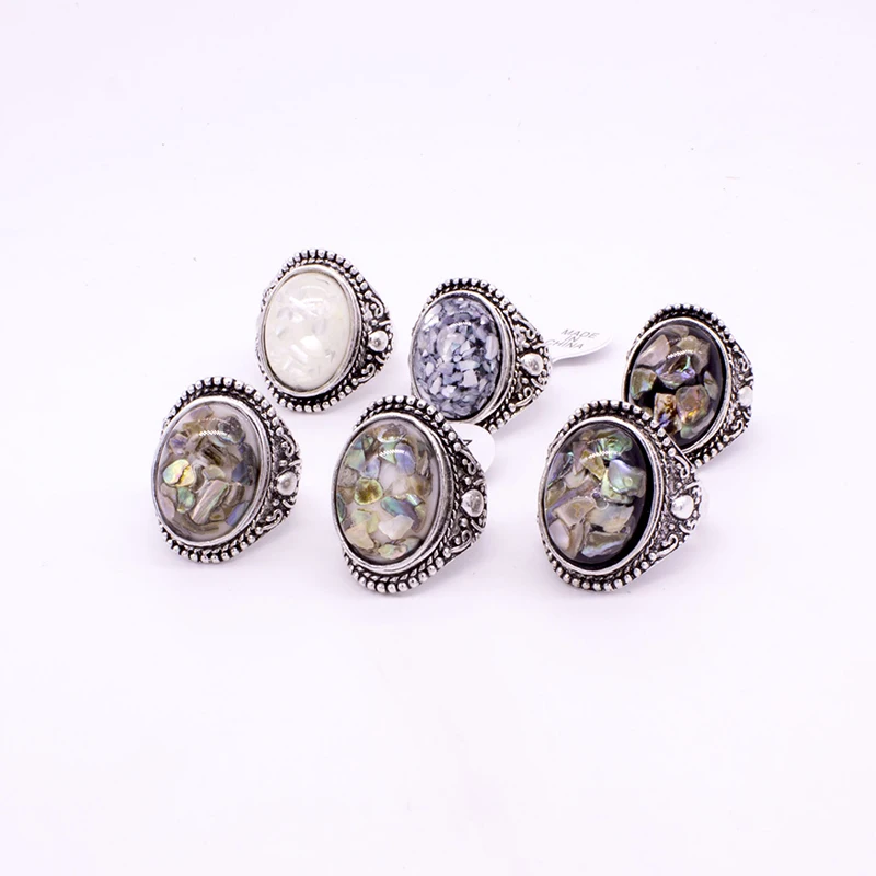 Wholesale Vintage Stone Ring 12 Pieces Mix Size Colors Trendy Silver Color Punk Big Antique Stone Ring Men Jewelry Fashion