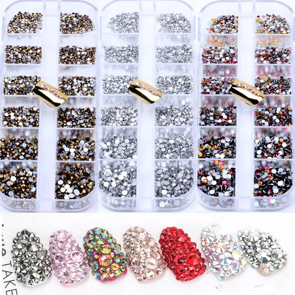 

Mixed ss3-ss10 Size Total 3360pcs Multicolor Box Flatback Rhinestones DIY Nail Art Decorations Round Glue On Garments Crafts