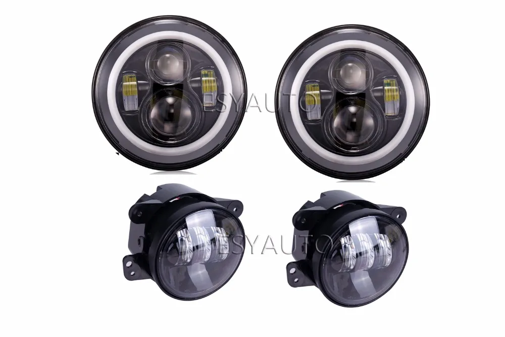 4pcs/set 7''inch LED Headlight with White Halo Ring plus 4inch LED Fog Lamp Offroad Light for jeep Wrangler CJ JK TJ