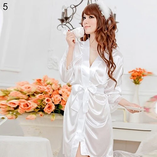 Women\'s Sexy Faux Silk Solid Color Robe Short Bathrobe Sleepwear Nightwear