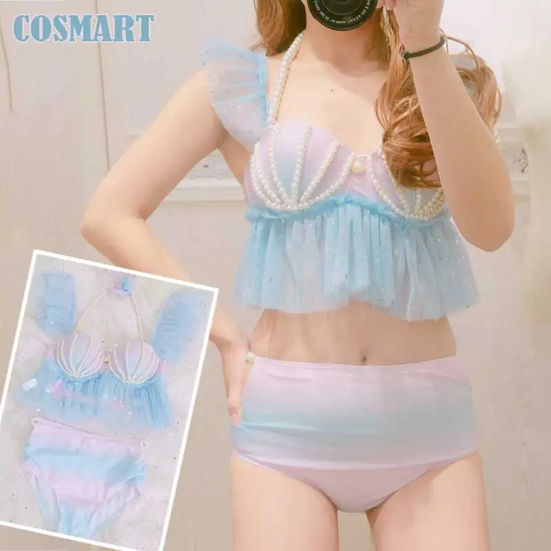 [STOCK] Cute Beach Swimsuit Mermaid Bikini Swimwear Gradient Shell Bra Pearl Decoration Summer Lolita Sweet Cloth New