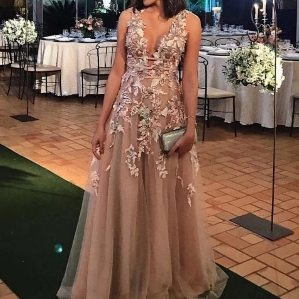 Spitze prom kleider champagne sexy tiefem v-ausschnitt spitze appliques eine linie abendkleider arabisch formale kleider